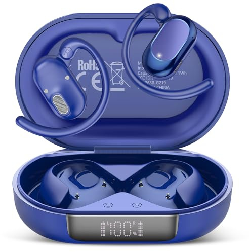 STECEi Auriculares Oreja Abierta Bluetooth 5.4, 2025 Auriculares Inalámbricos Deportivos con Gancho, 38H Estéreo Inalambricos Bluetooth con Pantalla LED, Control Táctil, IP7 Impermeable, Azul