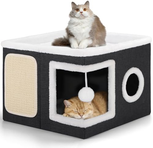 Letti pieghevoli per gatti da interno, 43 x 43 x 32 cm grande cuccia per gatti con tiragraffi e palla da gioco, Cubo Gatto a 2 strati con morbidi cuscini bifacciali per tutte le stagioni, nero-grigio