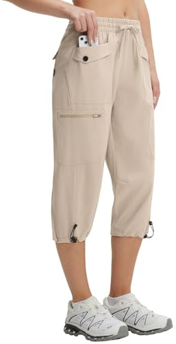 baleaf Women's Capri Pants with 7 Pockets Lightweight Quick Dry Water Resistant Hiking Travel Summer Capris Cargo Cropped Pants for Women Khaki L