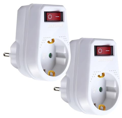EXTRASTAR 1 Fach Steckdose mit Schalter, 2 Stück - Steckdosenleiste Weiß, Steckerleiste Max.3500W, Zwischenstecker
