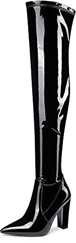 NobleOnly Donna Stivali Sopra il Ginocchio Cerniera Tacco a Blocco 10CM High Heels Boots Nero Pelle Verniciata Scarpe EU 38