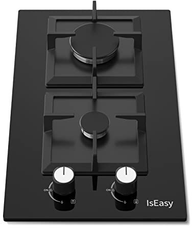 Gaskochfeld 2 Flammig, IsEasy Domino Gaskochfeld mit Automatischer Thermoelementschutz, Einbau Gaskochfeld, 2 Zonen Gaskochfeld, Erdgas/Propangas, Schwarz Glasherd, 31cm, 1.75KW/2.7KW/3.3KW