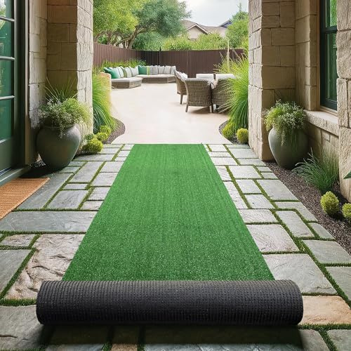 Sweet Home Stores Artificial Faux Grass Runner Rug 3x20 Indoor/Outdoor with Drainage Holes, Customizable Runner Rug for Backyard, Patio, Garage Rug, 2'7 x 20'