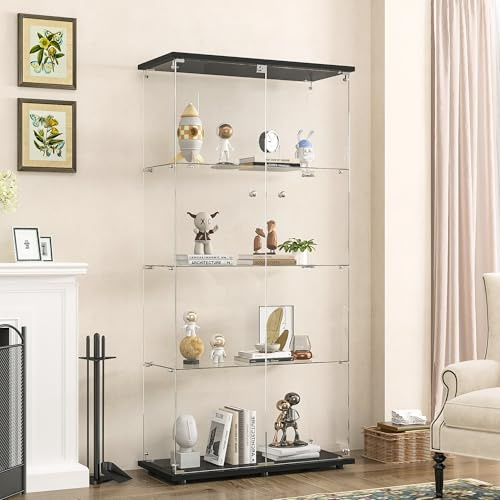 BPKADHY Glasmonter, 164 x 80,5 x 36,5 cm, visningsskåp för samlingar med 4 hyllor 2 dörrar med lås, glasskåp för vardagsrum sovrum, hall, glasskåp, svart
