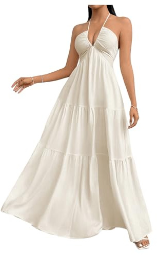 SHENHE Women's Deep V Neck Backless Halter Flowy Dress Beige