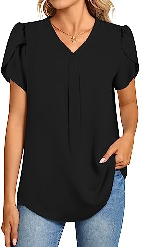 Aodemo Women Summer Dressy Chiffon Blouse Petal Short Sleeve V Neck Tunic Tops Office Casual T-Shirt 3XL, Black