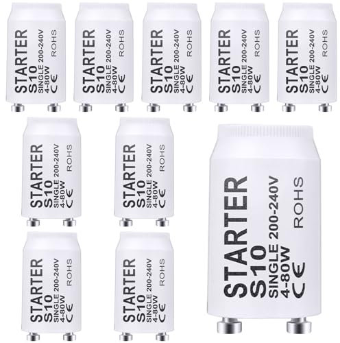 10 Pièces Starter Neon S10 Starter Tube Fluorescent 4-80W 200-240V Remplacement Démarreur de Lampe pour Tubes Lampes Lumière fluorescentes Commutation Individuelle des Tubes Fluorescents