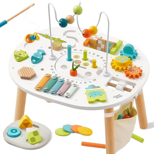Giant bean® Table d'activités Montessori en bois pour enfants de 1 an, table d'apprentissage 11 en 1 avec labyrinthe de perles, trieur de formes, jeu de pêche et plus encore – Jouet de développement