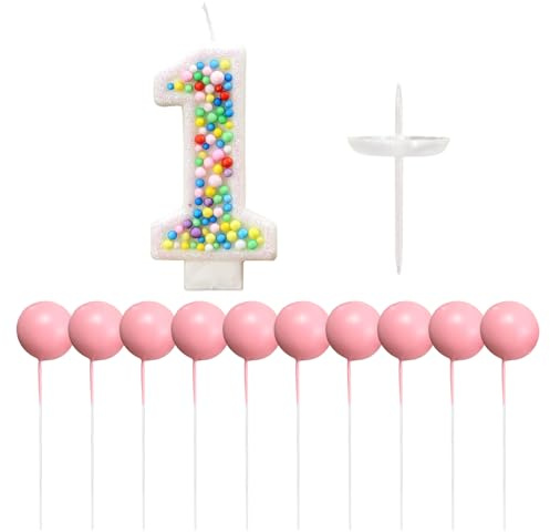 YSJCHEBS 1 Vela De 1 Año, 10 Inserciones De Bolas Rosas, Decoración De Pastel De Cumpleaños De 1 Año, Topper De Vela De Pastel, Decoración De Fiesta De Cumpleaños para Niños