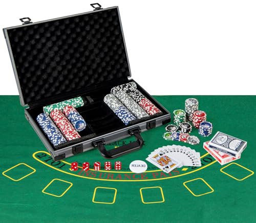 HOMASIS Profi Pokerset mit 300/400 Pokerchips, Pokerkoffer mit Matte, 2 Kartendecks, 5 Würfeln, 1 Dealer Button, Aluminiumkoffer abschließbar, Kasino Poker Set für Texas Hold'em Blackjack (400 Chips)