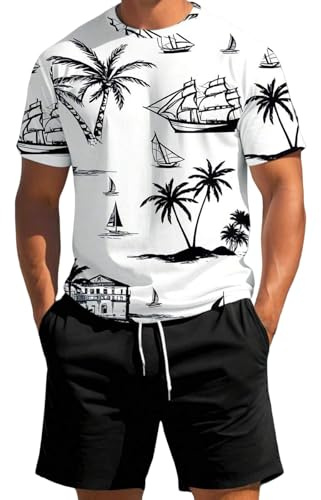 Sommer Outfit Herren Hawaii 2 Teiliges Oversize T-Shirt Hawaiihemd Rundhals und Shorts Set Freizeitanzug Casual Outfit Badeshorts Strandhemd Klassisch Tracksuit Streetwear Trainingsanzug