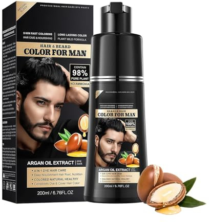 Coloration Noir Homme 4-en-1 Black Hair Dye Shampoo, Shampoing Colorant Noir pour Cheveux et Barbe, Shampoing Colorant Noir Pour Cheveux Blancs,Couleur Durable Et Soin,Pour Femme & Homme, 200 ml