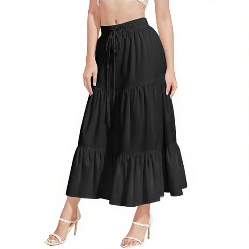 DiULi Donna Gonna Lunga Estiva, Gonna Donna Pieghettato Retro Maxi 2 in 1 Elegante Elastico Vita A-Linea Bohemien Sciolto Abiti da Spiaggia Vacanze Estate Casual, Nero-L