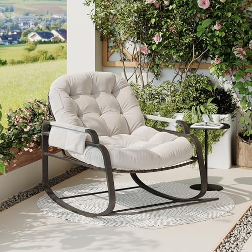 CXHLXYR Sedia a dondolo da giardino in rattan,Poltrona da esterno con imbottitura e braccioli,Sedia rilassante con tasche laterali e struttura in metallo, per giardino, terrazza, soggiorno (lino