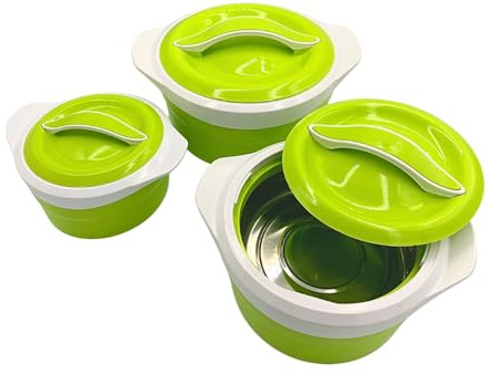 3 Pagen® Thermoschüsseln Grün 3er-Set – Servierschüsseln zum Kalt- & Warmhalten von Speisen – hält die Temperatur bis zu 6 Stunden – platzsparend verstaubar – Kapazität: 500ml, 1000ml & 1500ml (Grün)