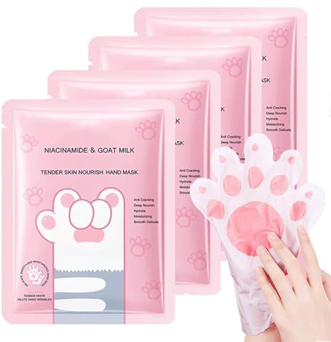 Mascherine per le mani, 4 pezzi, guanti per la cura delle mani, per mani molto asciutte, maschera idratante per le mani con niacinamide e latte di capra, esfoliante guanti per mani (4)
