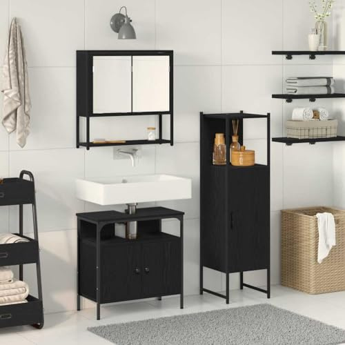 Yunovire Badrumsmöbelset, svart, trämaterial, 3-delat 33 x 33 x 120,5 cm med spegelskåp, tvättställsunderskåp, högskåp, förvaringsutrymme för badrum, gäster, toalett, väggmontering