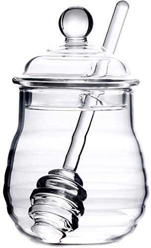 Lawei 300ml Honey Jar with Spoon and Lid Glass Honey Pot with Dipper Heat Resistant Glass Honey Dispenser Glass Container