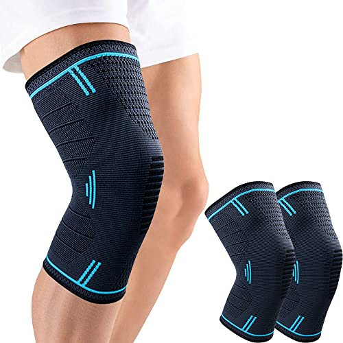 MILAIUN Kniebandage 2er Set, Kniestützer für Männer Damen, Meniskusriss, Arthritis, ACL, Kompression knieschiene für Basketball, Volleyball, Laufen, Knie Bandage Rechts Links Bein Tragbar (L, Blau)