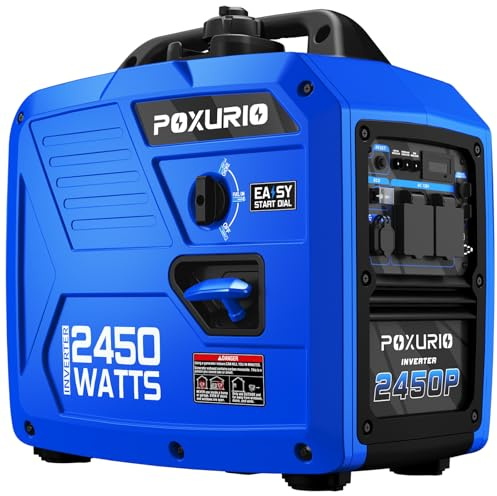 POXURIO Generador inversor portátil de 2450 vatios para camping y RV, tanque de gas de 1.6 galones para 8.3 horas de uso, generador de gas de 120 V, funcionamiento ultrasilencioso, cumple con la EPA