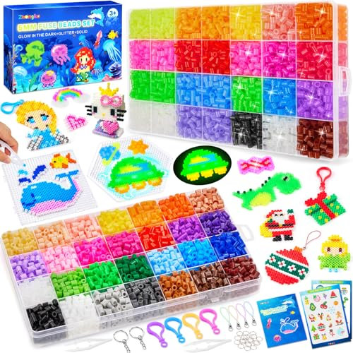 Zhongko 48 Farben Bügelperlen Set, Glitzer Bügelperlen, Leuchtend im Dunkeln Bügelperlen, 5mm Steckperlen mit Platten, 67 Muster, Bügelpapier für Geburtstag Weihnachten Geschenk Kinder DIY