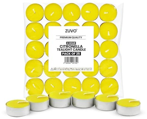 Zuvo Citronella Teelichter - 25 Stück, 4 Stunden Brenndauer Duftkerzen für Innen & Außen, Insektenabwehr Teelichter für Terrasse, Garten & Haus, Gelb