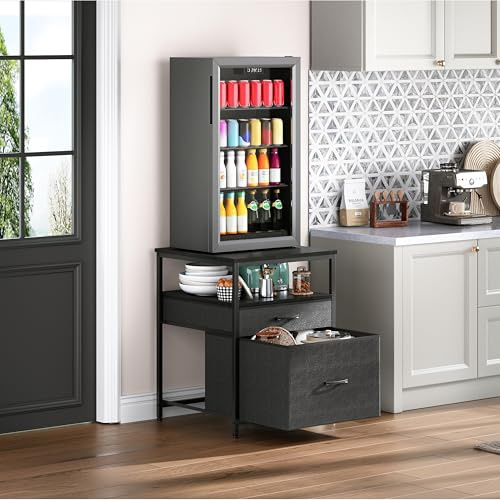 Herture Mini Fridge Stand with 3 Storage, Mini Fridge Cabinet, Beverage Fridge Table, Heavy Duty 21.3 L* 22.7 W Tabletop, for Dorm, Apartment,Office, Bedroom Black HB01BXB