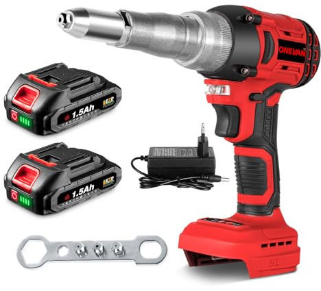ONEVAN riveteuse à batterie, 20,000N pistolet a rivet electrique avec batteries 2x 1,5Ah, course 18 mm, sans balais, riveteuse automatique sans fil pour rivets aveugles 2.4-5.0 mm