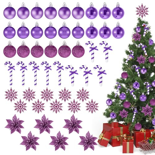 Harrycle 50 Pièces Décorations Sapin de Noël Petite Boule Flocon Neige Scintillant d'arbre de Noël Canne en Bonbon Scintillante Ornement Suspendu Fleur Poinsettia(Violet)
