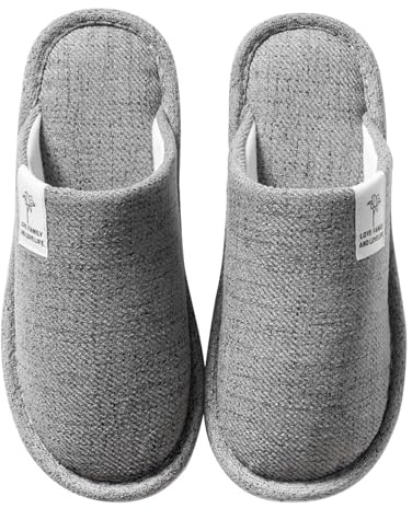 Colexy Hausschuhe Winter Leinenhausschuhe atmungsaktiv Gästehausschuhe, drinnen Slippers Rutschfeste für Damen Herren zu Hause Hotel (Grau,44-45)