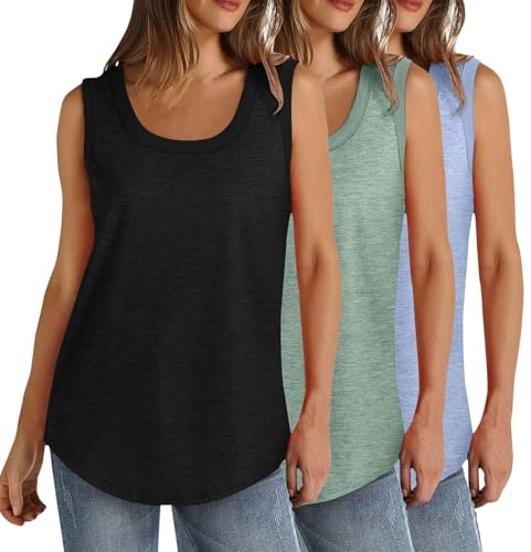 Lot de 3 débardeurs d'été sans manches pour femme - Grande taille - Col rond - Coupe ample - Couleur unie - Décontracté - Léger - Athlétique - Sport - Tunique - Ourlet incurvé (S à 5XL), 013 Noir +
