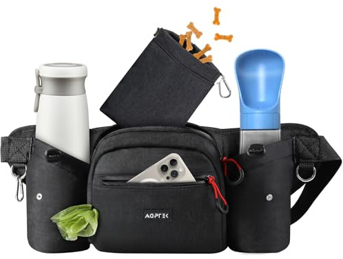 AGPTEK Marsupio per Cani con Borsa Snack Rimovibile, Impermeabile, Alta capacità, Portaborraccia, Dispenser Sacchetti Igienici, per Addestramento e Passeggiate, Nero