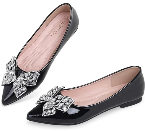 YJJQMYYCPA Leather Ballet Flats for Women Bling Rhinestone Fashionable Pointed Slip on Comfort Breathable Wedding Flats Shoes for Women Dress Shoes Black 10.5