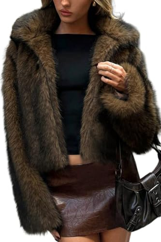 ELLEVEN Faux Fur Jacket Coat Women Winter Fluffy Warm Cropped Overcoat Furry Fuzzy Plush Shaggy Cardigan Casual Sexy Fashion Lapel Collar Long Sleeve Hidden Hooks Pockets Black & Brown X-Large