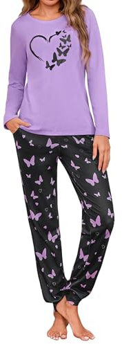 Leversic Pijama de Invierno para Mujer Conjunto de Algodón Pijamas con Manga Larga y Pantalón Largo Ropa de Dormir con Estampado de Mariposas S-XXL(Púrpura,S)