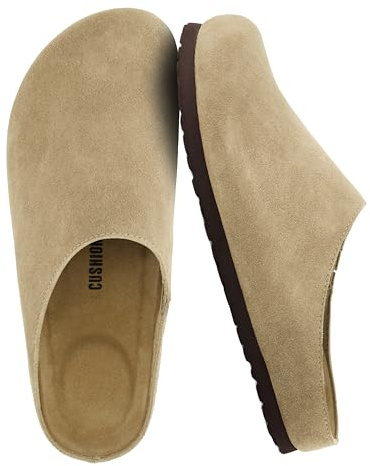 CUSHIONAIRE Heath Genuine Suede Leather Mens Clogs with Memory Foam Comfort, Easy Slip On Slides for Men, Taupe 13