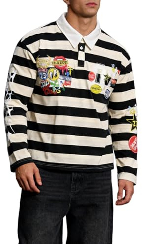 GORGLITTER Men's Striped Rugby Shirts Color Block Graphic Long Sleeve Collared Preppy Sweatshirt Casual Going Out Outfits Black and White Medium