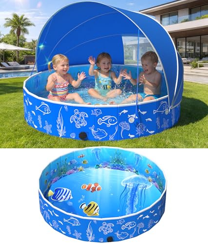 Luxfero Piscina per Bambini con Tetto, Piscinetta Pieghevole per l'estate, Pieghevole Piscina, Pataugeoire per Bambini con Tenda parasole, per Giardino, Spiaggia, Picnic130 x 130 x 30 cm