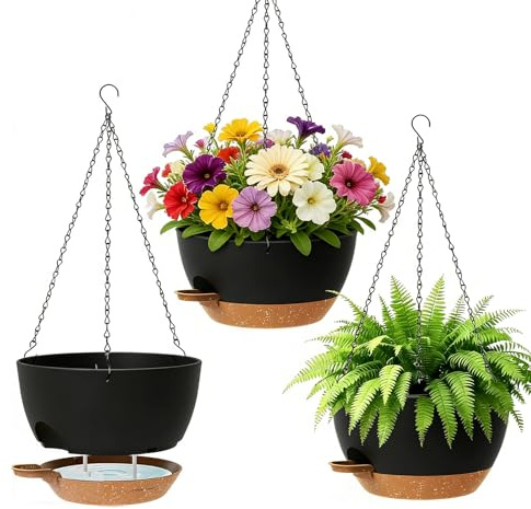 Fioriera sospesa autoirrigante, 25 cm, 3 vasi da fiori, da appendere, per piante con fori di drenaggio e sottovaso rimovibile, per appendere la casa, il giardino (nero)