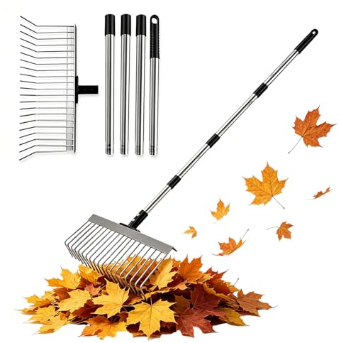 Räfsa trädgård, trädgård lövbrott, 21 pinnar kratta, 160 cm metall rake trädgård, 4-stegs justerbart handtag & avtagbar rake för ogräs gödning trädgårdsräfsa löv gräs marklossning gård och gräsmatta