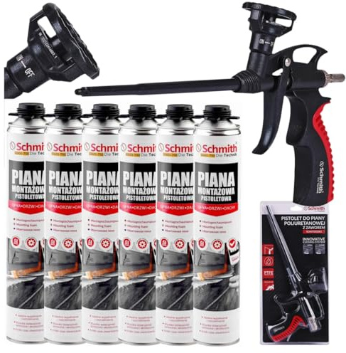Schmith – Kit di 6 Schiume Poliuretaniche a Indurimento Rapido con Pistola a Valvola e Sistema PTFE per Montaggio, Sigillatura e Isolamento Acustico, Bassa Espansione - 6x750ml