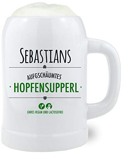 Bavariashop Bierkrug Hopfensupperl mit Wunschnamen, Individueller Steinkrug mit persönlichem Namen, 0,5 Liter, Made in Germany