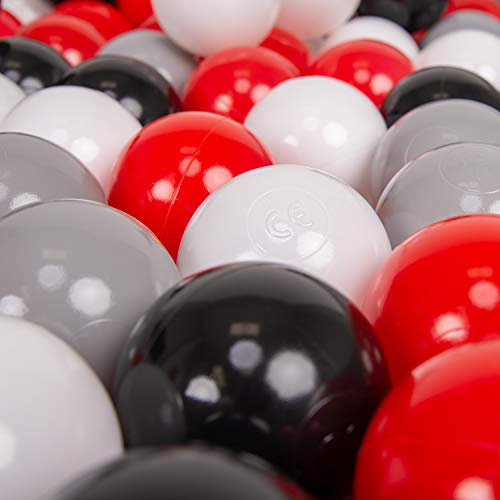 KiddyMoon 200 Ø 7 cm barnbollar lekbollar för bollbad baby plastbollar tillverkade i EU, grå/vit/röd/svart