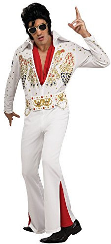 Tante Tina Elvis Kostüm für Herren - 3-teiliges Rockstar Kostüm inklusive Overall, Gürtel und Halstuch - Weiß - Größe S (46/48)