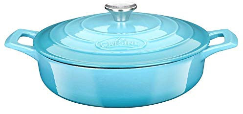 La Cuisine Gusseisen Topf Sauteuse Servierpfanne Schmorpfanne Kasserolle Flache aus Emailliertem 28 cm 3.5 L, Innenseite Mattschwarz Induktion Ofenfest Blaugrün