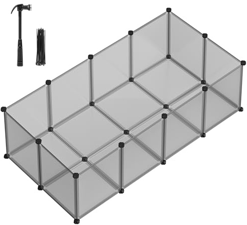 SONGMICS Parc Enclos, Cage, Clôture, avec Plancher, Intérieur, Modulable, en Plastique, pour Cochon d’Inde, Lapin, Hérisson, Petits Animaux, 140 x 70 x 45 cm, Gris LPC002G01