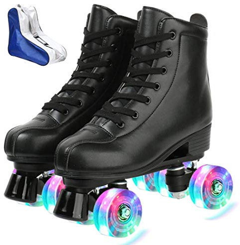 XUDREZ Rollschuhschuhe für Damen und Herren, PU-Leder, hochabschließend, doppelreihig, Rollschuhe für Anfänger, professionelle Rollschuhe für drinnen und draußen, mit Schuhtasche (Blitzrad, 45)