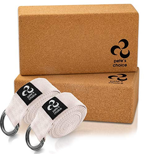 Natürlicher Yoga Kork Blöcke & Yogagurte - Feste und solide Yoga Blöcke. 2 Pack Cork Blocks & 2 Pack Straps. Umweltfreundlich. Übungen für Zuhause