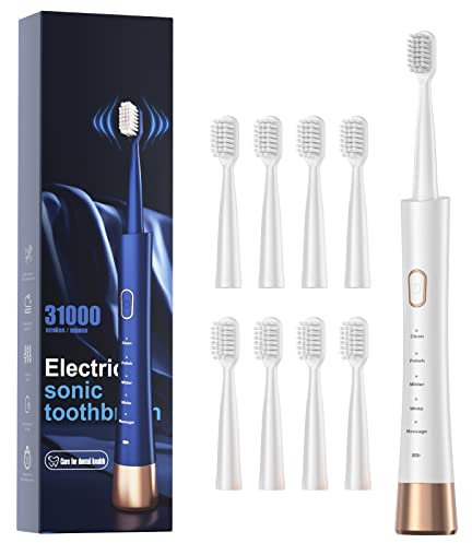 Spazzolino elettrico sonico ad alta vibrazione per adulti con timer intelligente da 2 minuti, ricarica rapida e lunga durata, 5 modalità opzionali, 8 testine di ricambio ultra sbiancante, bianco