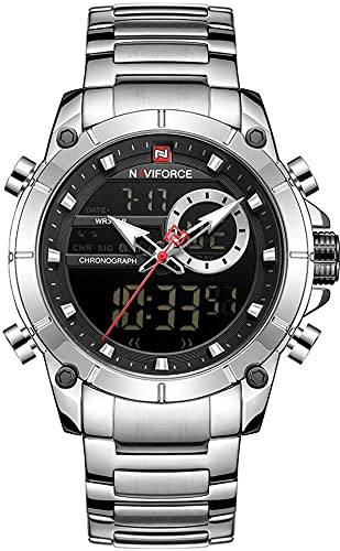 NAVIFORCE Montre pour homme à double affichage numérique à quartz multifonction en acier inoxydable